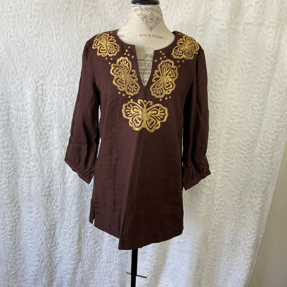 Lily Pulitzer 100% Linen Butterfly Embroidered Top Lrg Brown Gold, 3/4 Sleeves